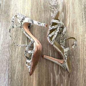 BCBG snakeskin 4" strappy sandals